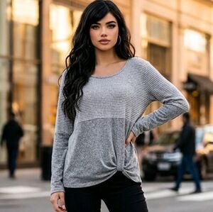 Signature Studio XL Super Soft Gray Stripe Twist Front Knit Long Sleeve Top Cozy